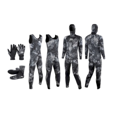 Aropec Black Camo Spearfishing wetsuit and accessories DS-SP-7S02H-5mmMBK
